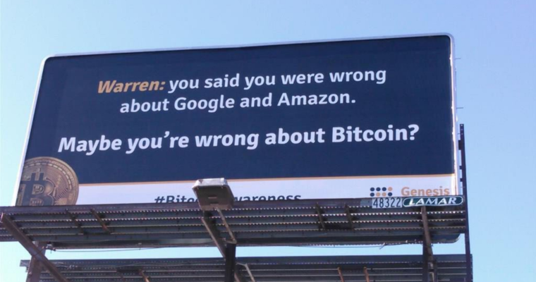 Imagem da matéria: Genesis Mining Trolla Warren Buffet com Outdoor sobre Bitcoin
