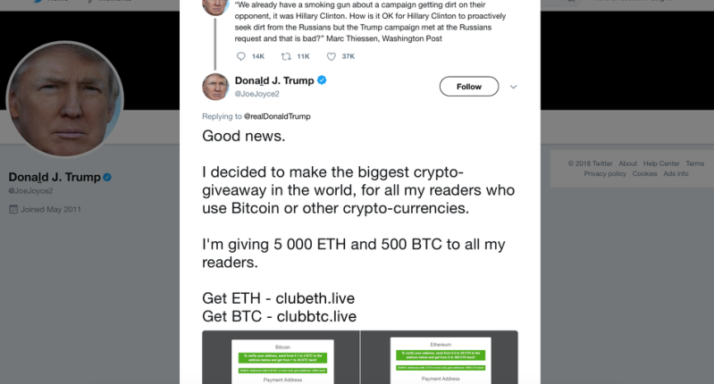 Imagem da matéria: Conta fake de Trump no Twitter finge distribuir Bitcoin e Ethereum