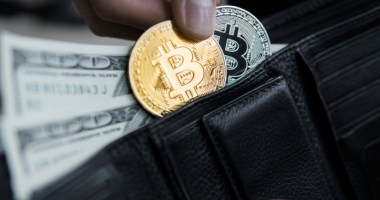 Carteira com duas moedas de bitcoin e notas de dólar
