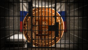 Moeda de Bitcoin em cela de prisão com bandeira russa da Rússia