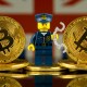 miniatura de soldado em em meio a moedas de Bitcoin-ao fundo, bandeira da Inglaterra