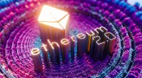 Logotipo e nome Ethereum em arte 3D circular co tons de roxo e azul