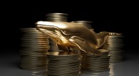 Baleia dourada envolto a moedas de bitcoin