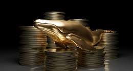 Baleia dourada envolto a moedas de bitcoin