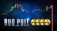 Ilustração de gráfico de trading, moedas GameFi douradas e termos Rug Pull