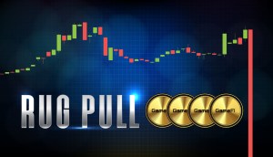 Ilustração de gráfico de trading, moedas GameFi douradas e termos Rug Pull