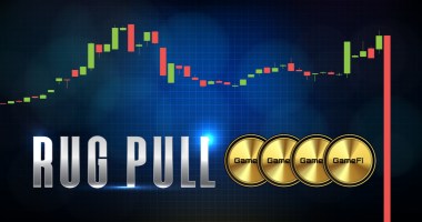 Ilustração de gráfico de trading, moedas GameFi douradas e termos Rug Pull