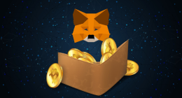 Logo de raposa da MetaMask e carteira com moedas douradas de bitcoin