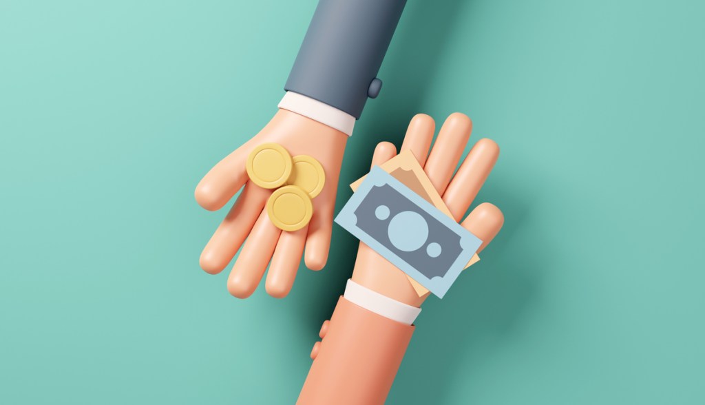 Câmbio de moeda, câmbio de dinheiro, transações de câmbio em dinheiro de mão em mão. renderização 3D.