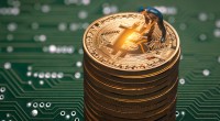 Bonequinho em cima de uma pilha de moedas douradas de bitcoin fazendo alusão ao processo de mineração