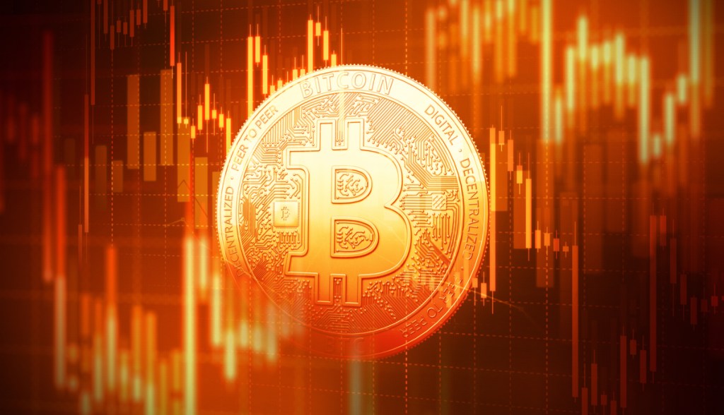 Conceito de crise bitcoin com símbolo bitcoin em fundo vermelho