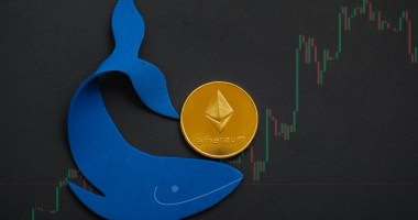 Ilustração de uma baleia azul junto a uma moeda ethereum- ao fundo um grafico de mercado