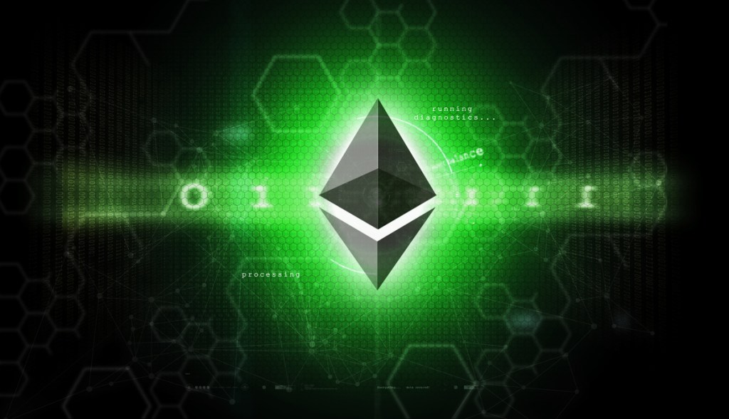 Logo cinza do Ethereum com um feixe de luz verde e um fundo que simula uma blockchain