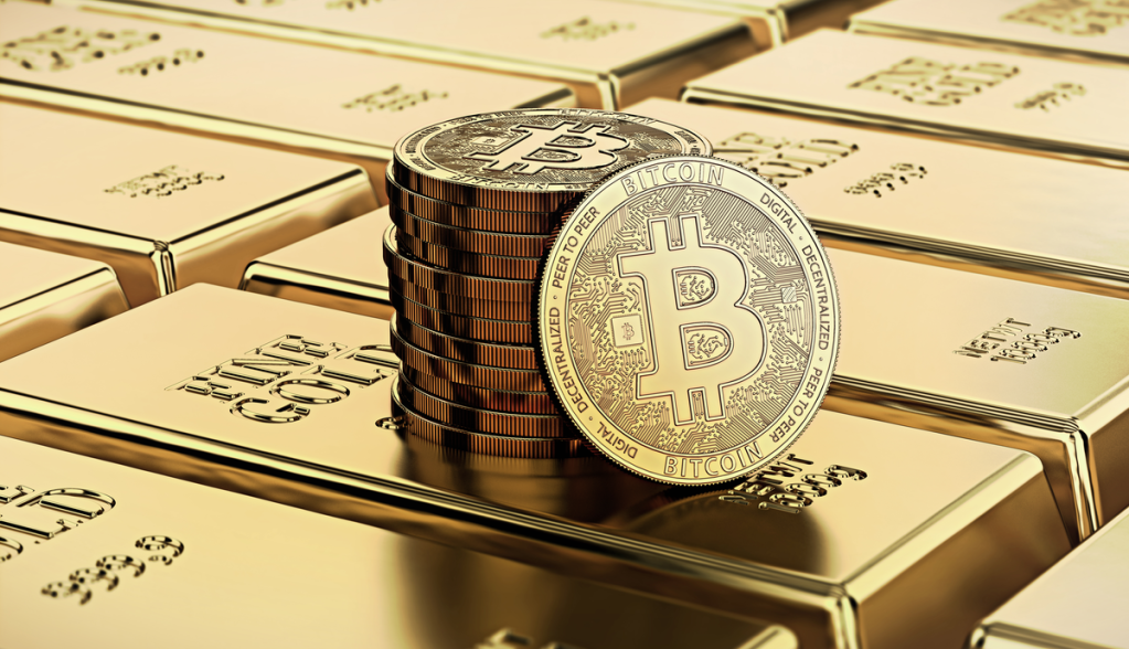 moedas de bitcoin sob barras de ouro