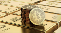 moedas de bitcoin sob barras de ouro