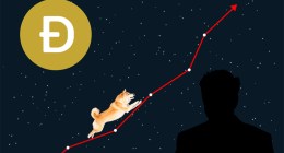 Ilustração de cão subindo gráfico no céu, ao lado lua dogecoin