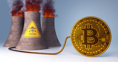 Ilustração de uma moeda de bitcoin ligada por um cano a três cones flamejantes