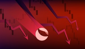 Ilustração em vermelho simula gráfico de queda da Terra Luna