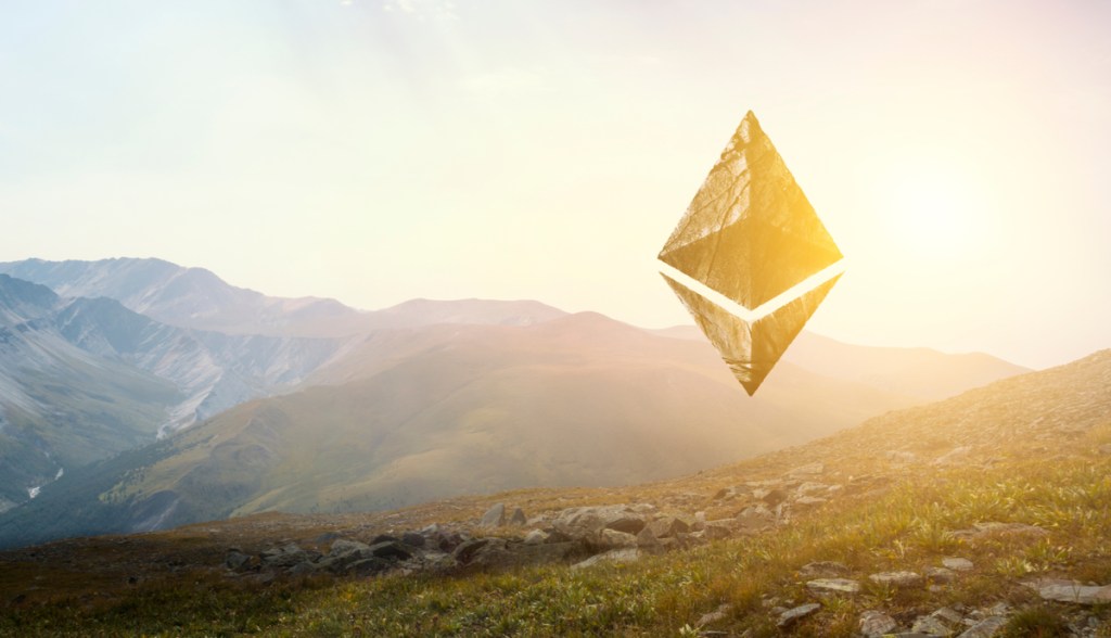 Símbolo Ethereum com paisagem ao fundo