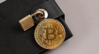 moeda de bitcoin em cima de uam carteira de bolso fechada com um cadeado