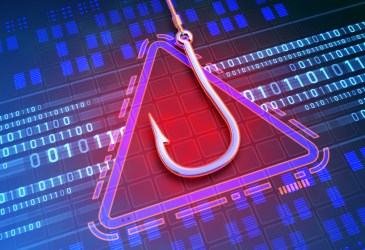 Ilustração mostra sinal triangular de alerta vermelho e anzol simulando golpe de phishing