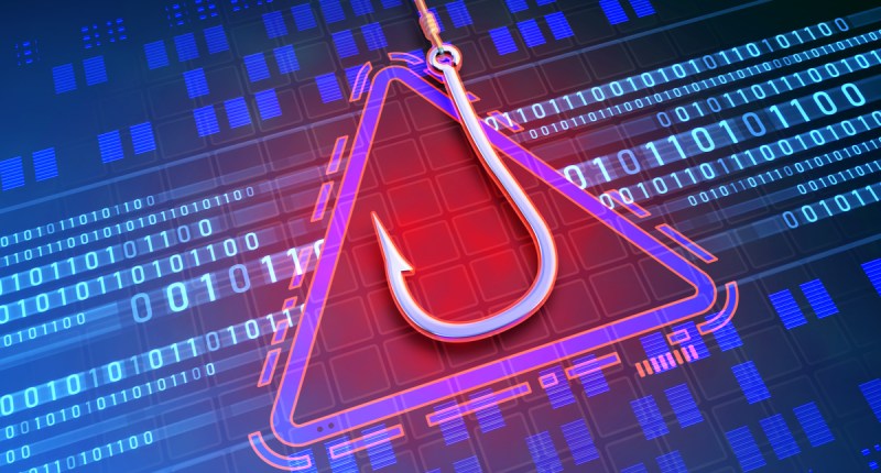 Ilustração mostra sinal triangular de alerta vermelho e anzol simulando golpe de phishing