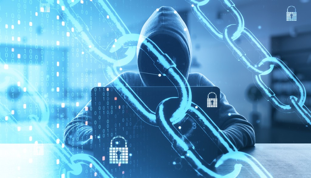 Hacker e ilustrações de correntes e cadeados, sugerindo uma quebra de segurança em blockchain