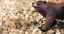 Urso marrom de brinquedo próximo a uma moeda dourada de Bitcoin (BTC), indicando um ciclo de baixa no mercado