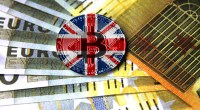 Moeda de bitcoin pintada com cores da bandeira do reino unido em cima de euros