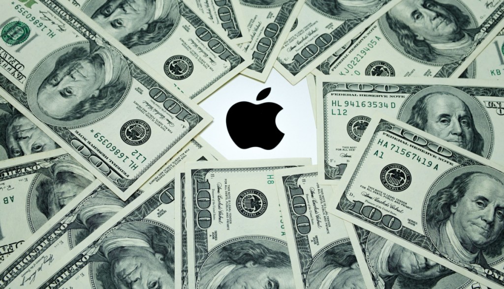 Notas de dólares e logotipo da Apple