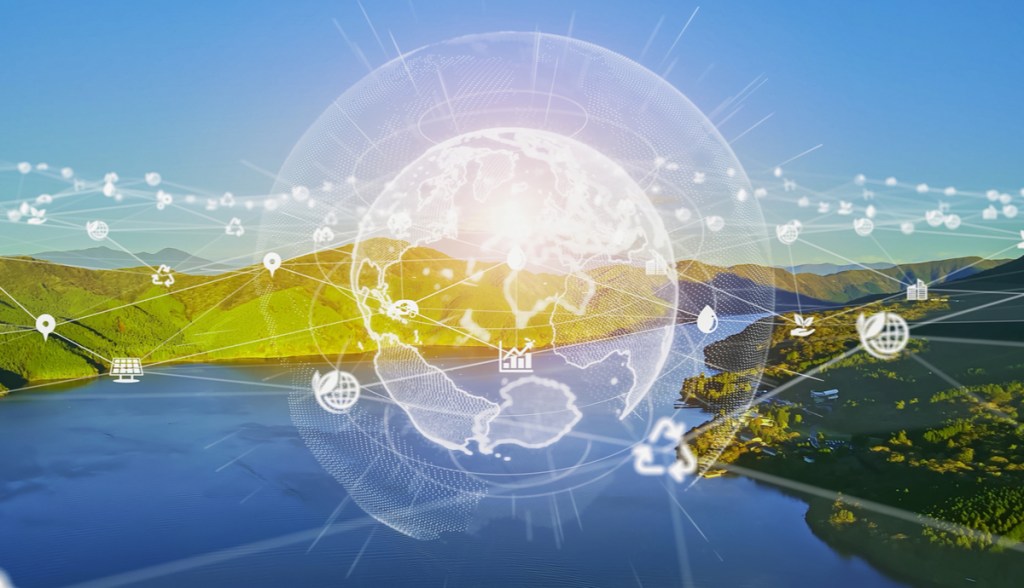 Imagem de uma paisagenc com desenhos tecnologicos