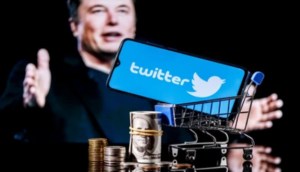 Elon Musk ao fundo de logo do twitter e um carrinho de compras