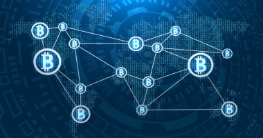 Fundo azul em simulação de com traços de como funciona tecnologia blockchain