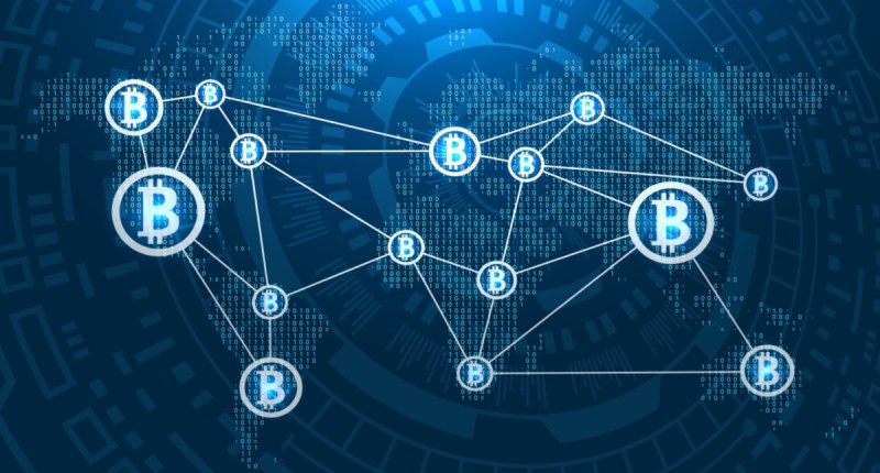 Fundo azul em simulação de com traços de como funciona tecnologia blockchain