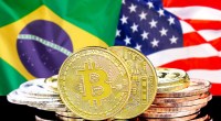 Bitcoin junto com bandeiras do Brasil e dos EUA