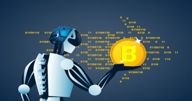 Ilustração de um robô segurando uma moeda de bitcoin