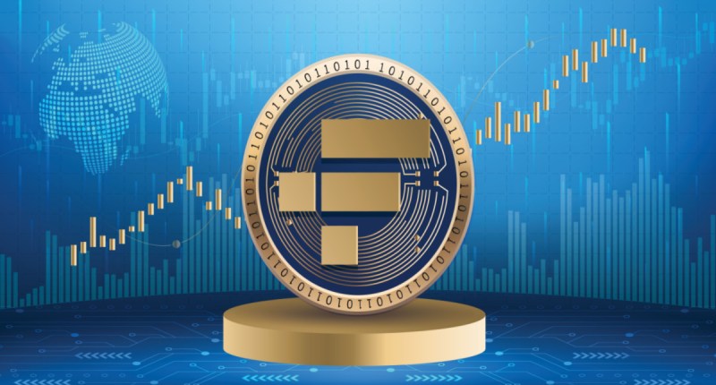 Ilustração do token da FTX FTT à frente de gráfico azul de mercado em alta