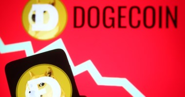 Moeda de Dogecoin e gráfico de queda de preço