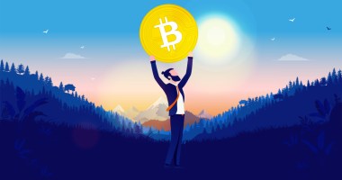 Ilustração de um executivo carregando uma moeda de bitcoin