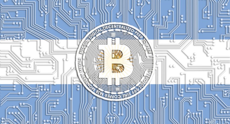 Símbolo do Bitcoin e rede de computador mescaldos com bandeira argentina