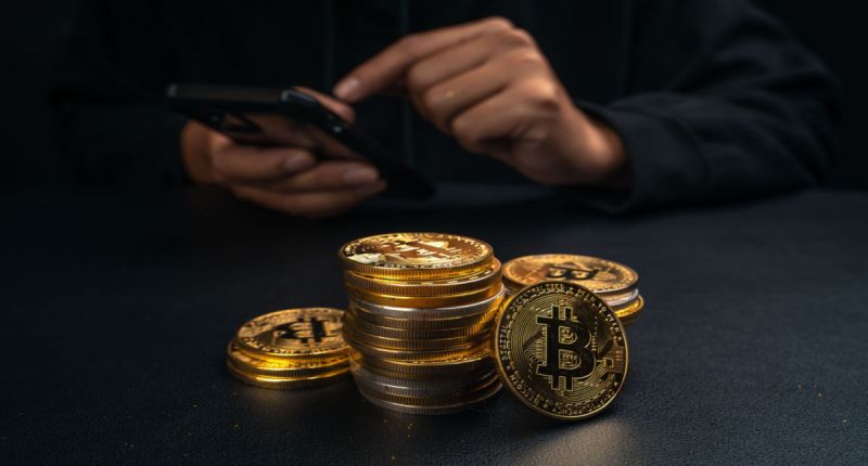 Um monte de moedas de bitcoin em mesa em que homem mexe no celular