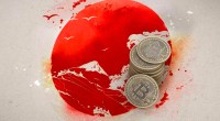 Bandeira do Japão com moedas de bitcoin