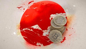 Bandeira do Japão com moedas de bitcoin