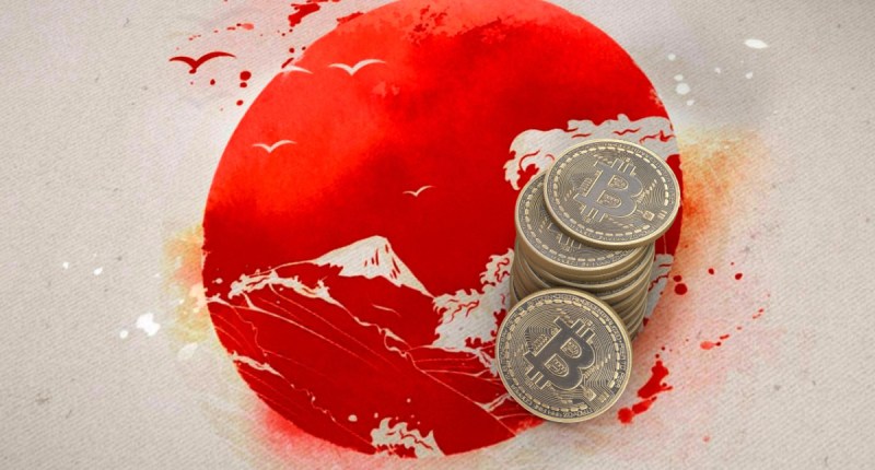 Bandeira do Japão com moedas de bitcoin
