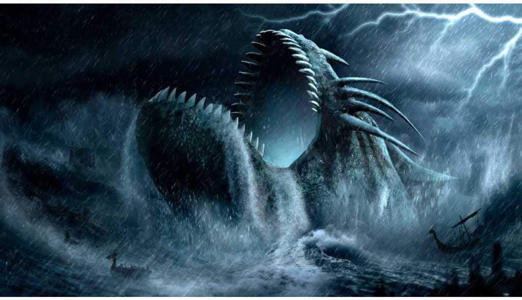 Paisagem de fantasia do mar com uma enorme baleia no oceano entre ondas altas e naufrágios. Um antigo monstro subaquático com dentes afiados e boca aberta ataca navios vikings durante uma forte tempestade