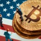 moeda de bitcoin e bandeira dos eua