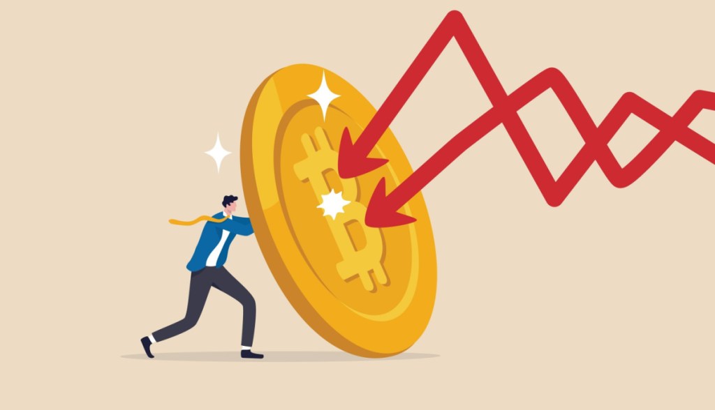 Ilustração deuam pessao defendendo uam moeda de bitcoin gigante