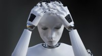 Robô android com as mãos na cabeça