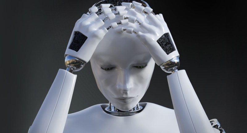 Robô android com as mãos na cabeça