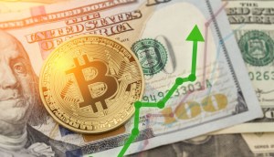 moeda de bitcoin sob nota de dólar